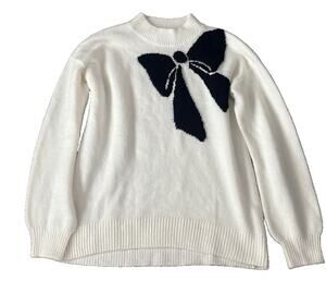 LOFT Cream Woman’s Sweater with Black Bow Size XS Long Sleeve Cozy Knit Pullover